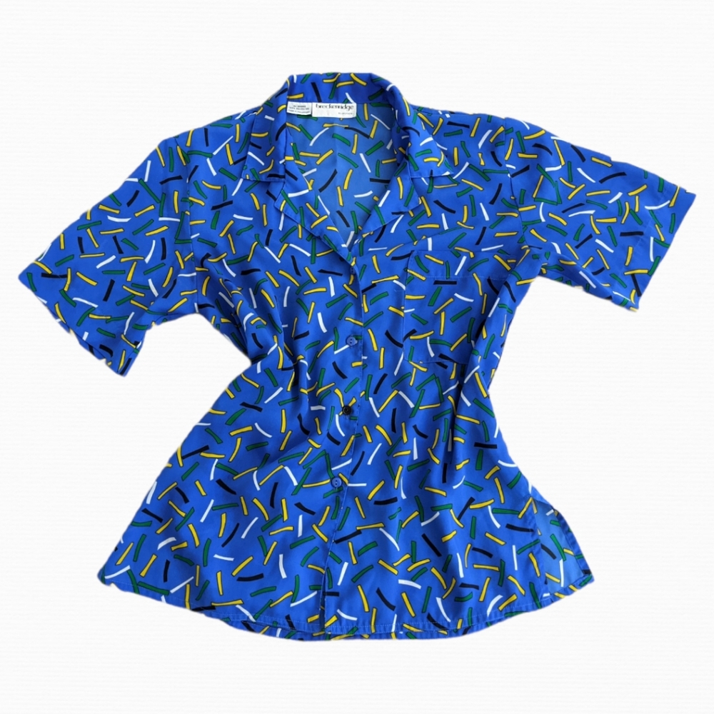 Vintage Breckenridge Blue Funky Printed Short Sleeve Button Down Blouse Top